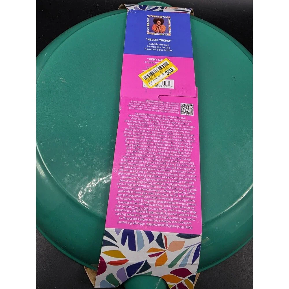 Tabitha Brown Cast Iron Fry Pan 12-Inch With Green Handle Oven Safe To 500°F